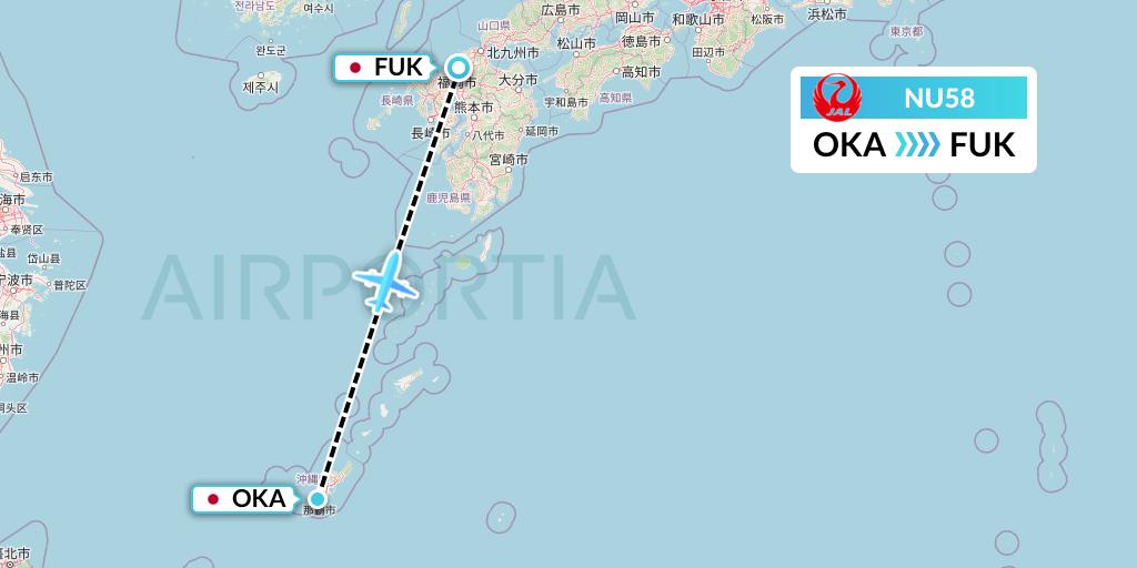 NU58 Japan Transocean Air Flight Map: Naha to Fukuoka