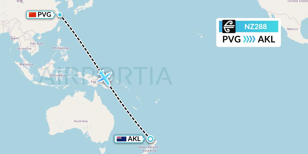 NZ288 Air New Zealand Flight Map: Shanghai to Auckland