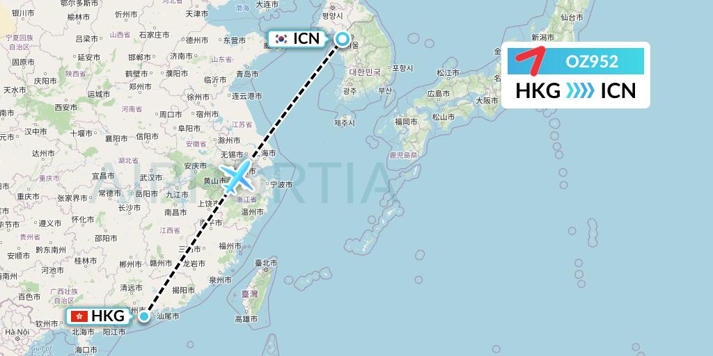 OZ952 Asiana Airlines Flight Map: Hong Kong to Seoul