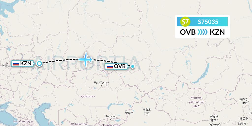 S75035 S7 Airlines Flight Map: Novosibirsk to Kazan