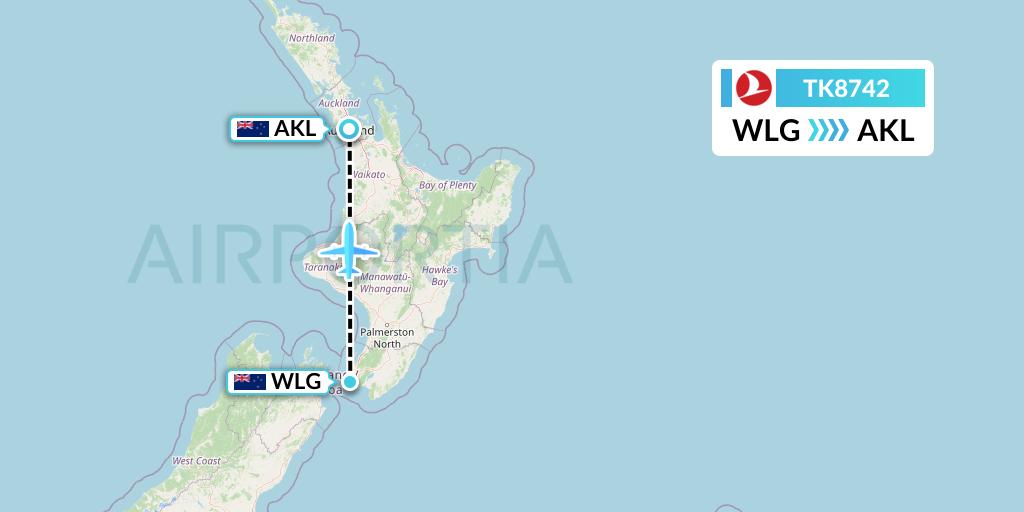 TK8742 Turkish Airlines Flight Map: Wellington to Auckland