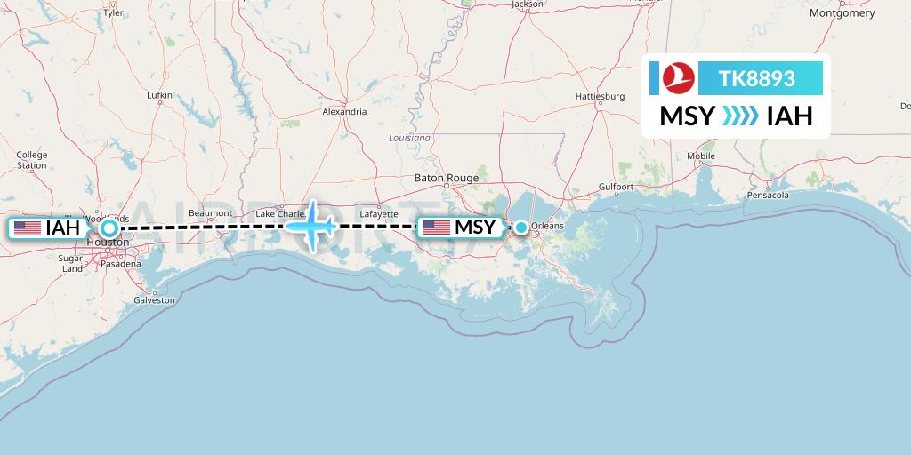 TK8893 Turkish Airlines Flight Map: New Orleans to Houston