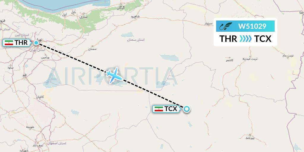 W51029 Mahan Air Flight Map: Tehran to Tabas