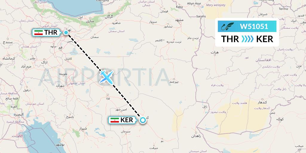 W51051 Mahan Air Flight Map: Tehran to Kerman