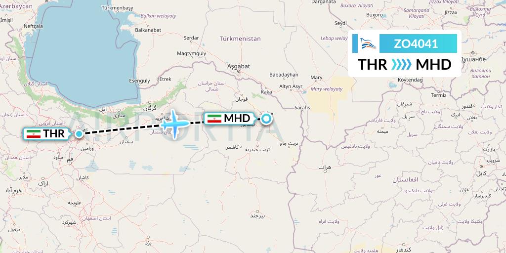 ZO4041 Zagros Airlines Flight Map: Tehran to Mashhad