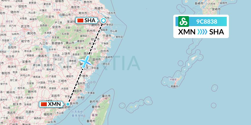 9C8838 Spring Airlines Flight Map: Xiamen to Shanghai