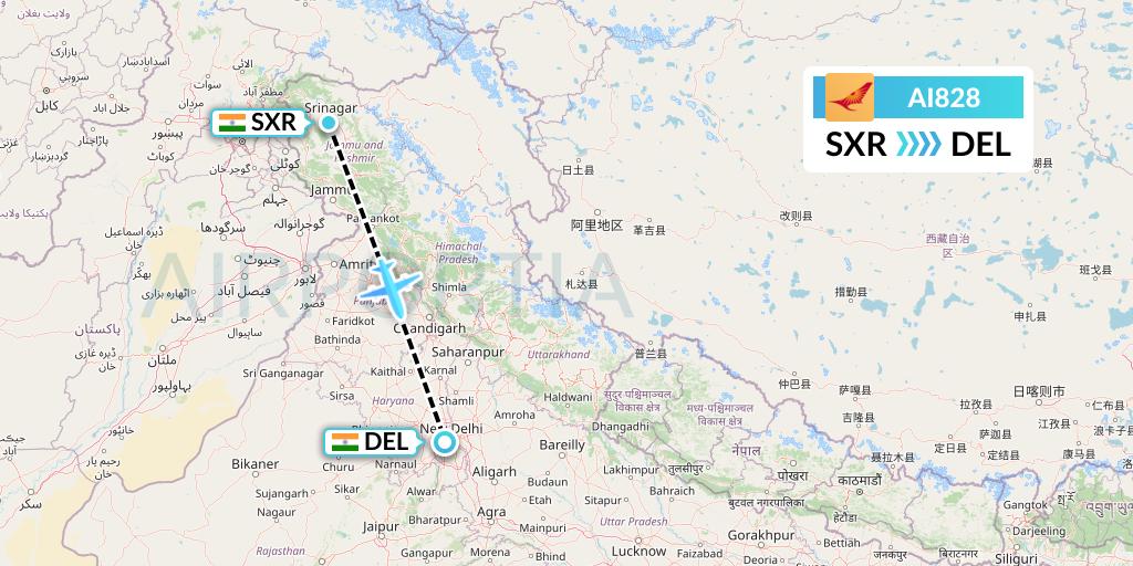 AI828 Air India Flight Map: Srinagar to Delhi