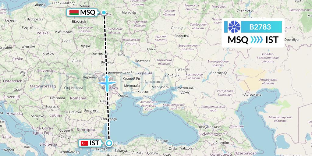 B2783 Belavia Flight Map: Minsk to Istanbul