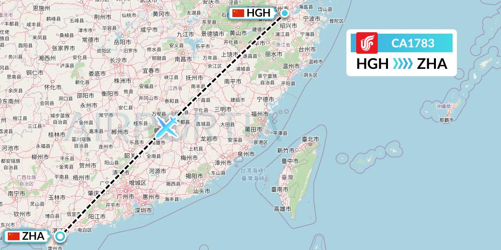 CA1783 Air China Flight Map: Hangzhou to Zhanjiang