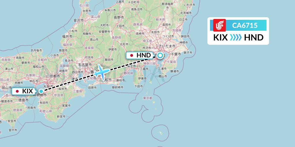 CA6715 Air China Flight Map: Osaka to Tokyo