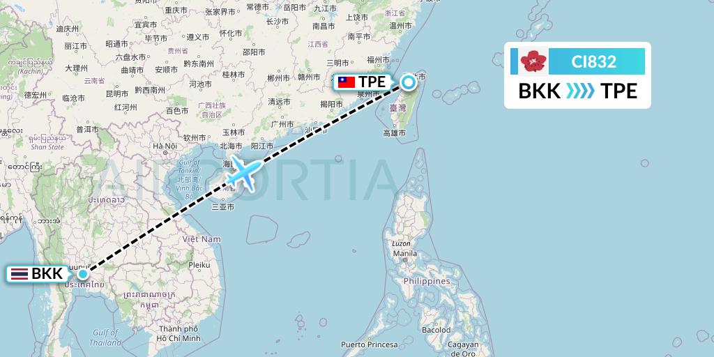 CI832 China Airlines Flight Map: Bangkok to Taipei