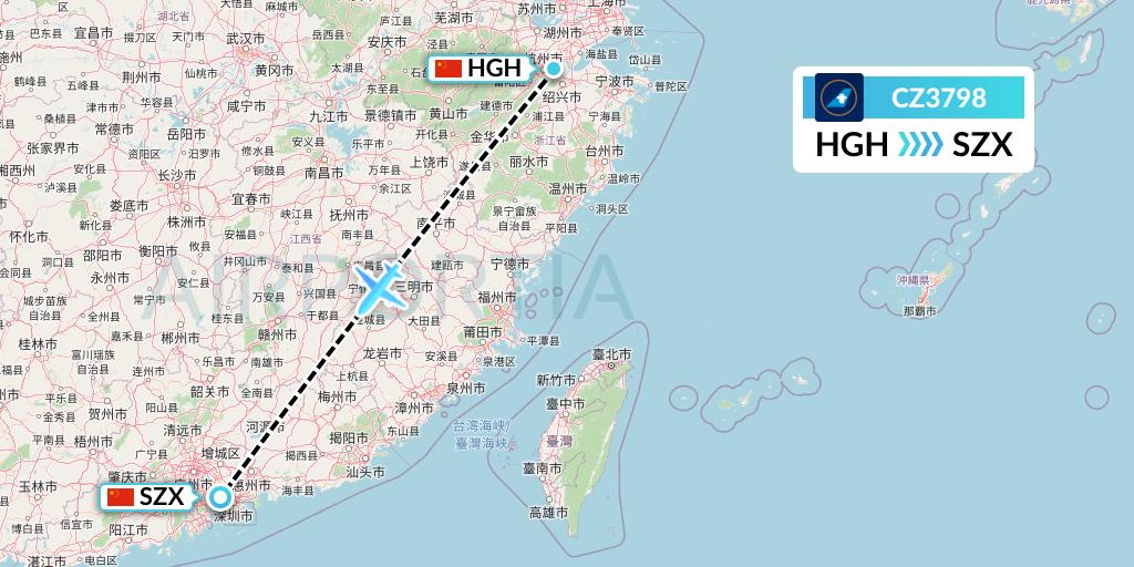 CZ3798 China Southern Airlines Flight Map: Hangzhou to Shenzhen