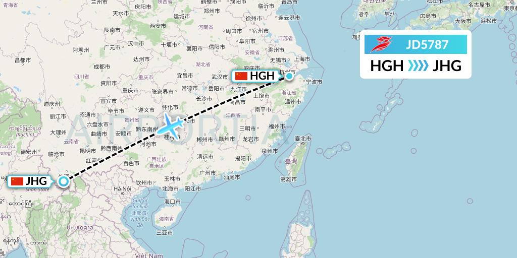 JD5787 Capital Airlines Flight Map: Hangzhou to Jinghong