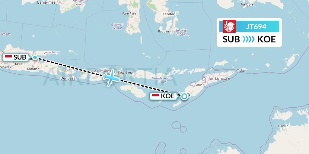 JT694 Lion Airlines Flight Map: Surabaya to Kupang
