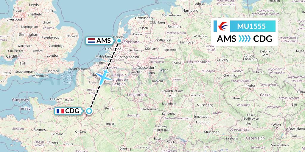 MU1555 China Eastern Airlines Flight Map: Amsterdam to Paris