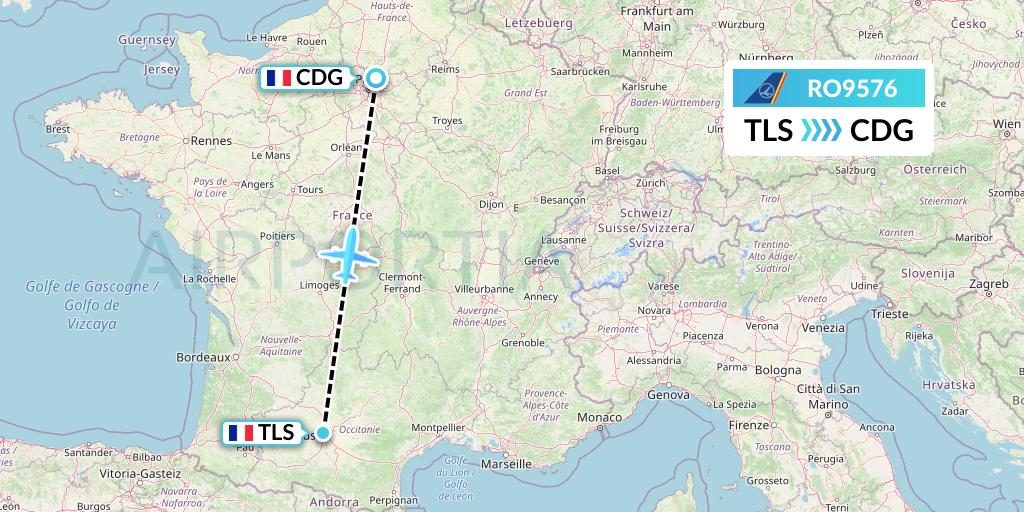 RO9576 Tarom Flight Map: Toulouse to Paris