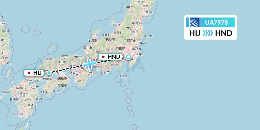 UA7978 United Airlines Flight Map: Hiroshima to Tokyo