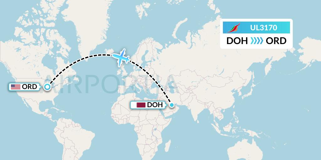 UL3170 SriLankan Airlines Flight Map: Doha to Chicago