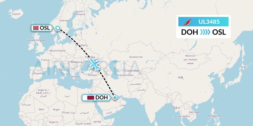 UL3485 SriLankan Airlines Flight Map: Doha to Oslo