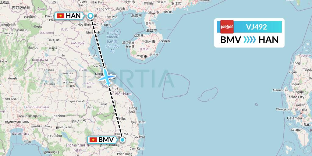 VJ492 VietJet Air Flight Map: Buon Ma Thuot to Hanoi