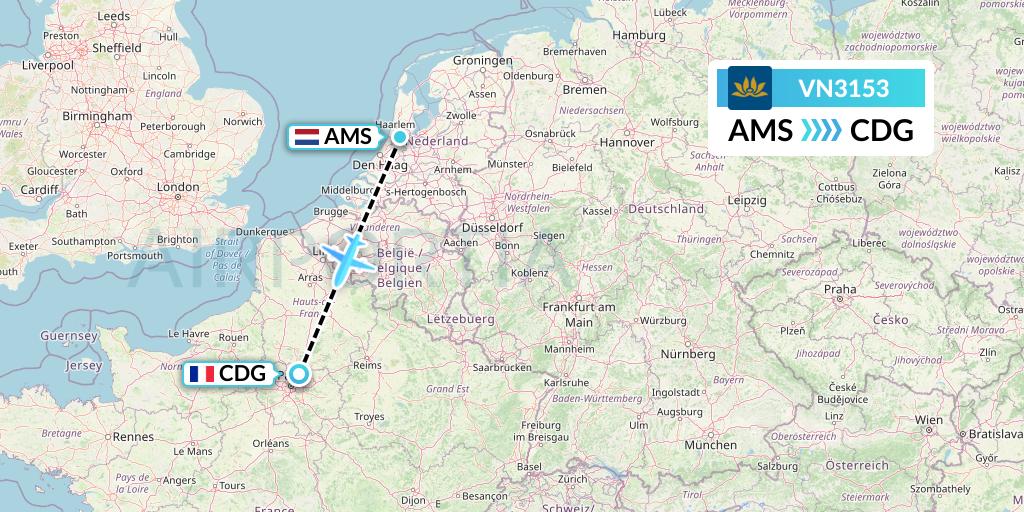 VN3153 Vietnam Airlines Flight Map: Amsterdam to Paris