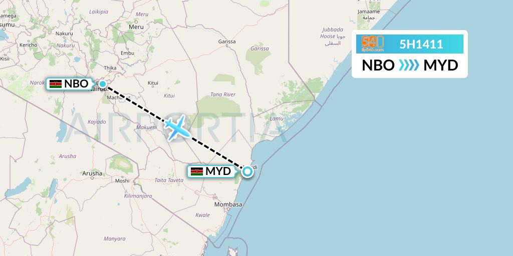 5H1411 Fly540 Flight Map: Nairobi to Malindi