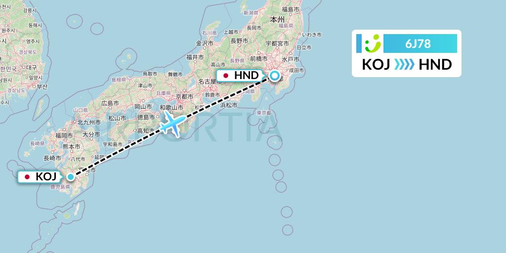 6J78 Solaseed Air Flight Map: Kagoshima to Tokyo