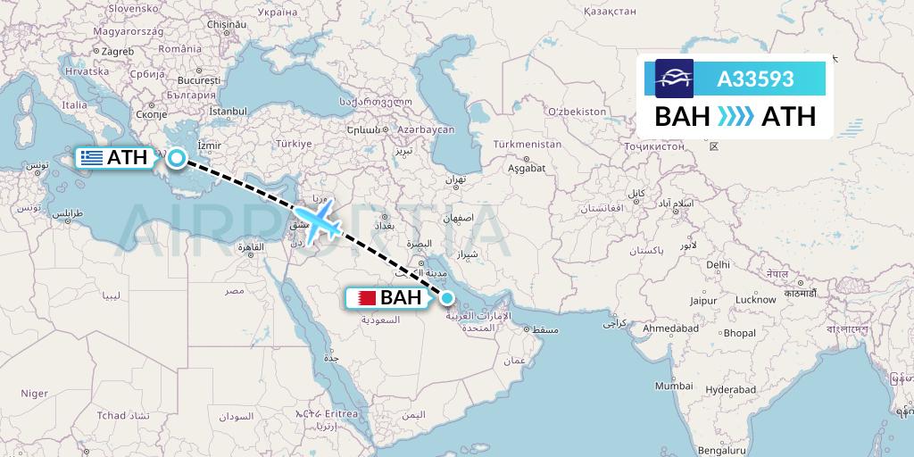 A33593 Aegean Airlines Flight Map: Bahrain to Athens
