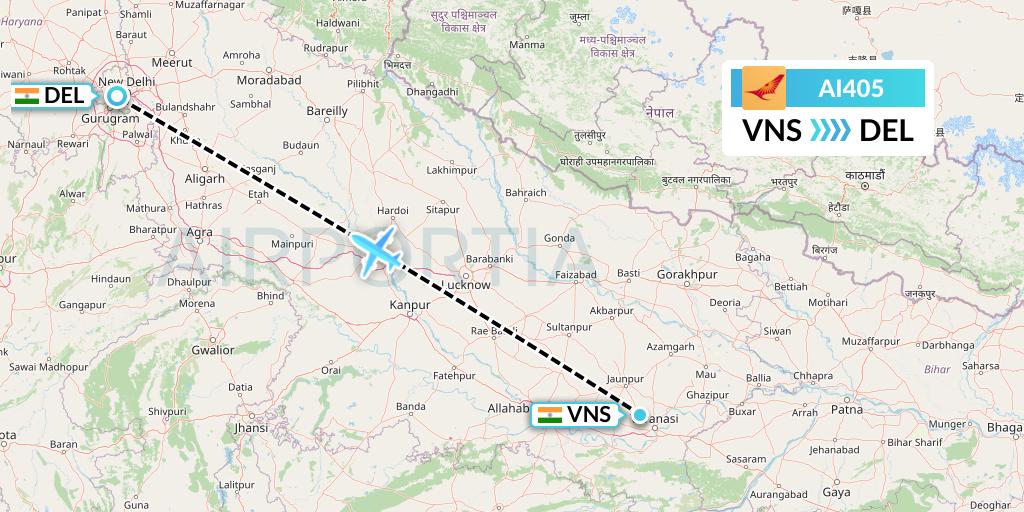 AI405 Air India Flight Map: Varanasi to Delhi