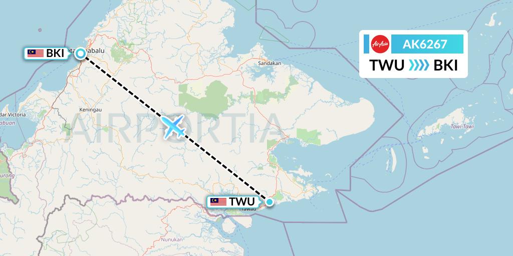 AK6267 AirAsia Flight Map: Tawau to Kota Kinabalu