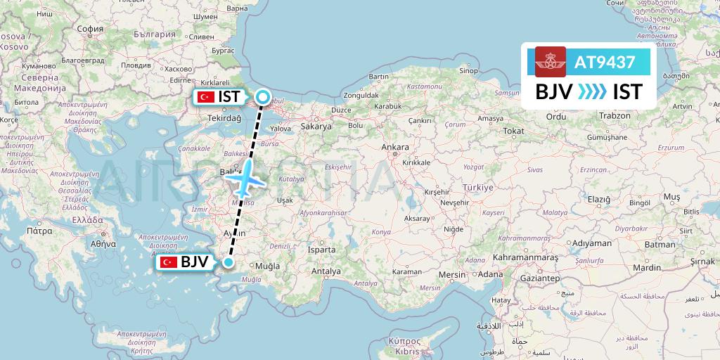 AT9437 Royal Air Maroc Flight Map: Bodrum to Istanbul