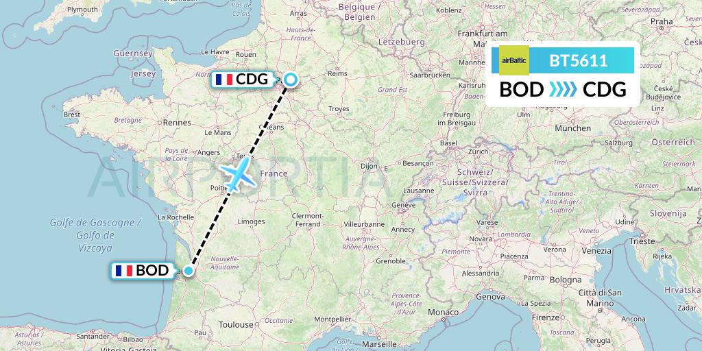 BT5611 Air Baltic Flight Map: Bordeaux to Paris