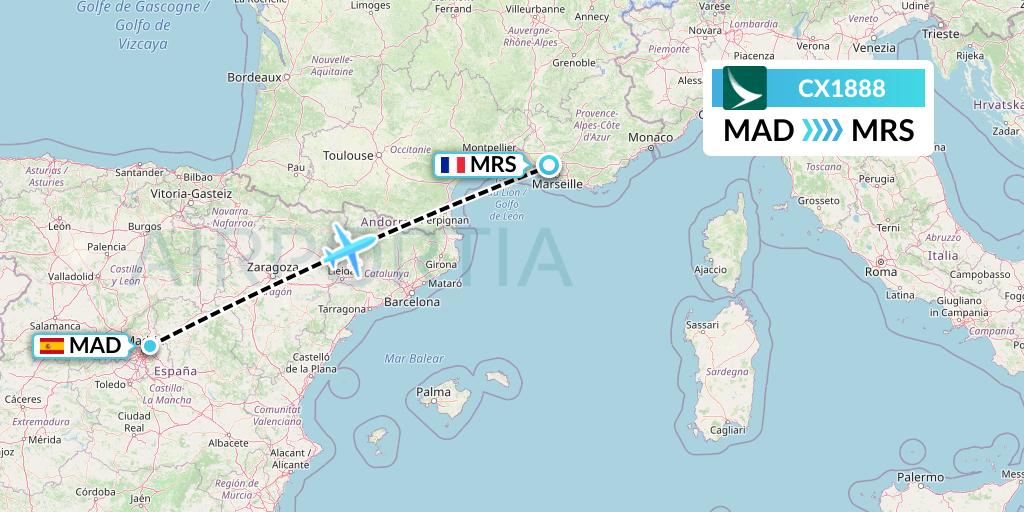 CX1888 Cathay Pacific Flight Map: Madrid to Marseille