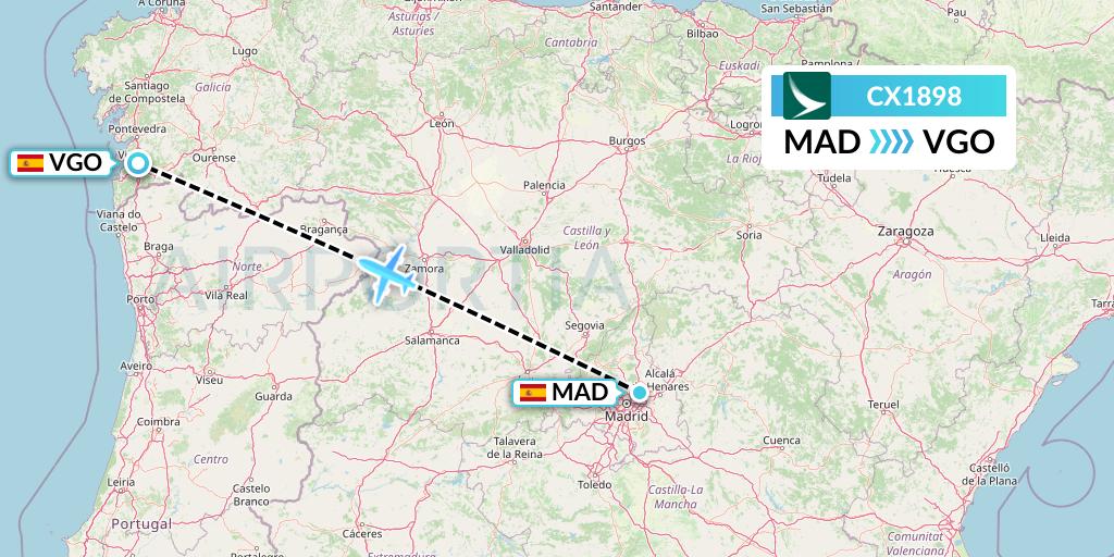 CX1898 Cathay Pacific Flight Map: Madrid to Vigo