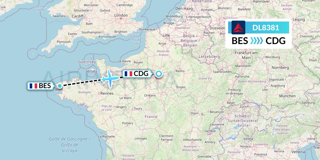 DL8381 Delta Air Lines Flight Map: Brest to Paris