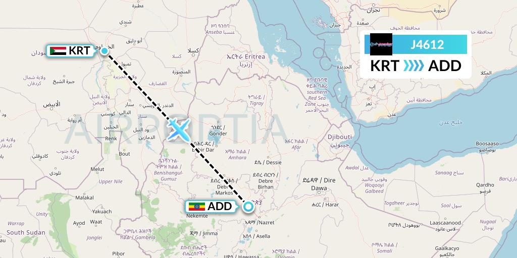 J4612 Badr Airlines Flight Map: Khartoum to Addis Ababa