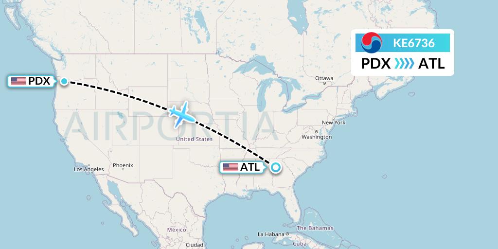 KE6736 Korean Air Flight Map: Portland to Atlanta