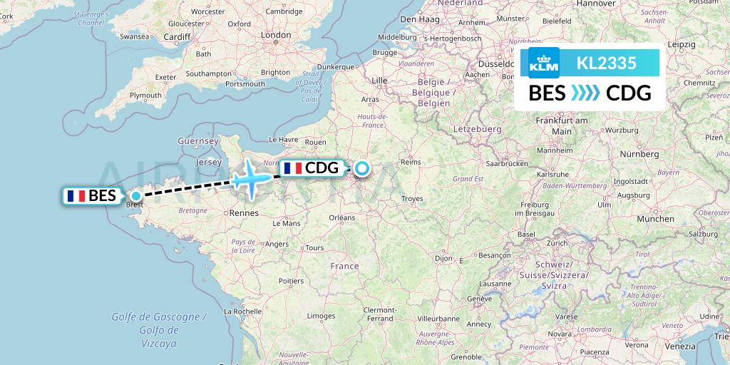 KL2335 KLM Flight Map: Brest to Paris