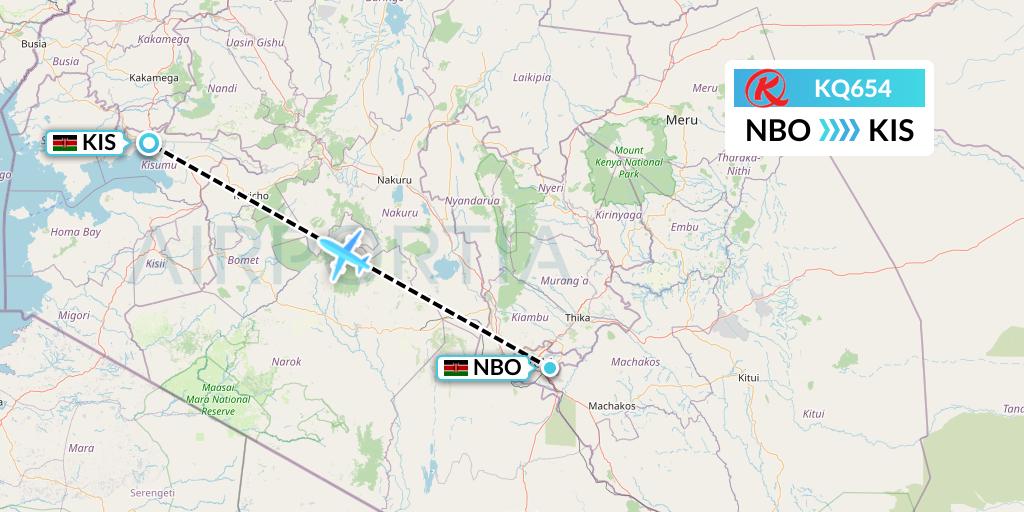 KQ654 Kenya Airways Flight Map: Nairobi to Kisumu