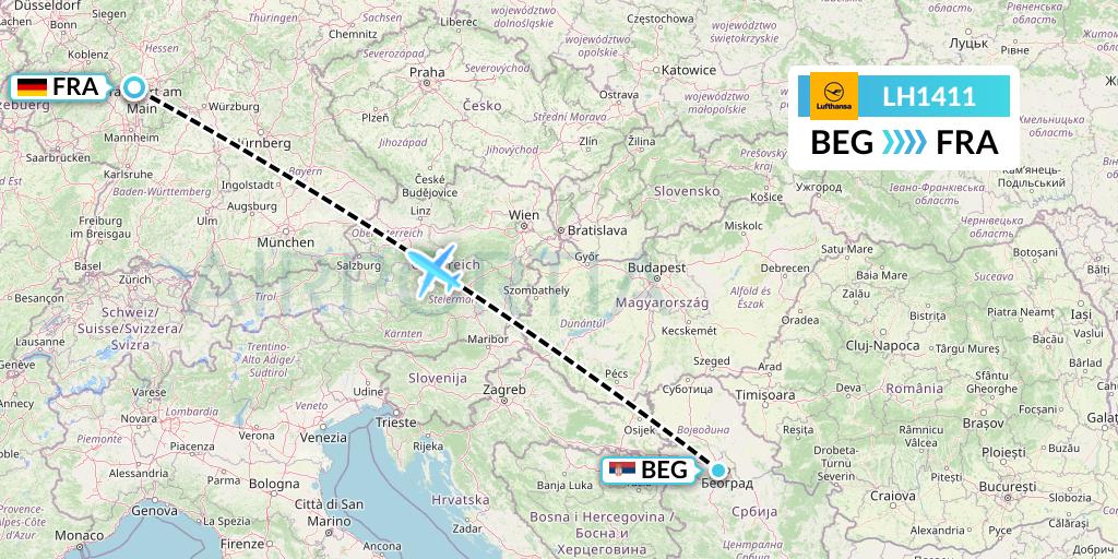 LH1411 Lufthansa Flight Map: Belgrade to Frankfurt
