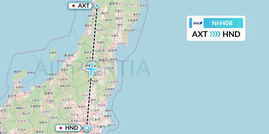 NH408 All Nippon Airways Flight Map: Akita to Tokyo