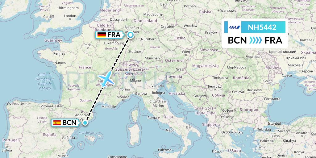 NH5442 All Nippon Airways Flight Map: Barcelona to Frankfurt