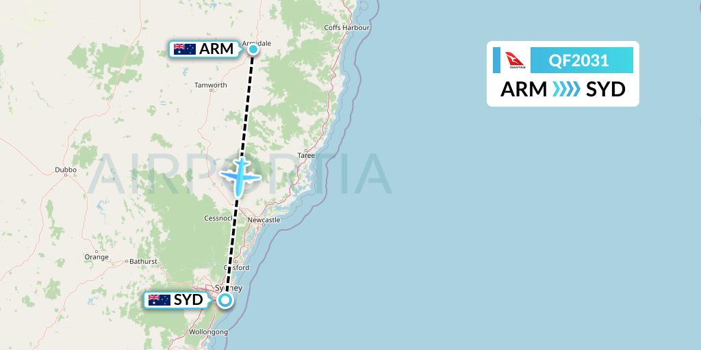QF2031 Qantas Flight Map: Armidale to Sydney
