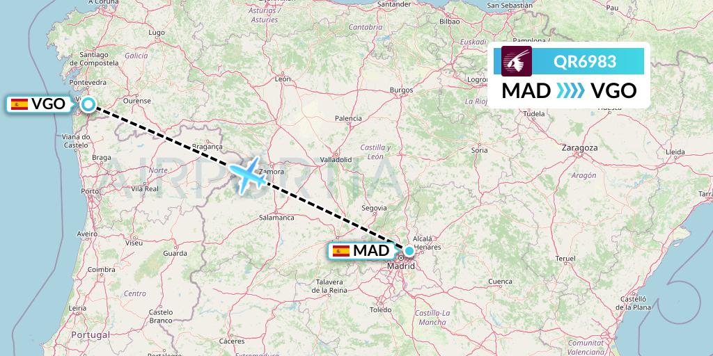 QR6983 Qatar Airways Flight Map: Madrid to Vigo