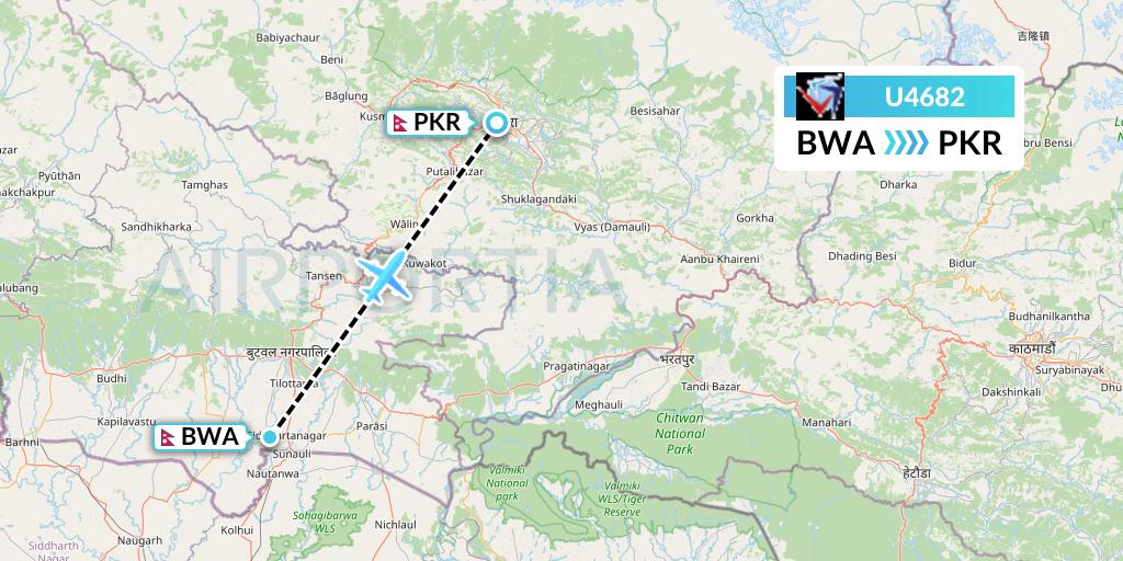 U4682 Buddha Air Flight Map: Bhairawa to Pokhara