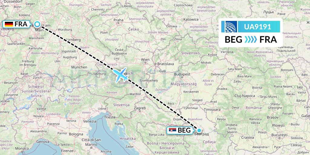 UA9191 United Airlines Flight Map: Belgrade to Frankfurt