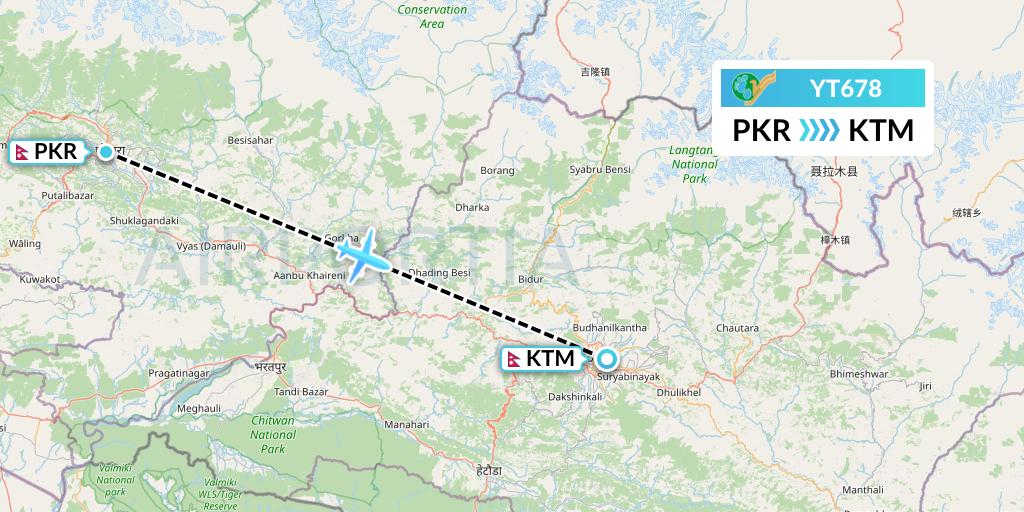 YT678 Yeti Airlines Flight Map: Pokhara to Kathmandu