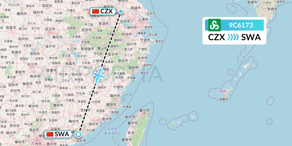 9C6173 Spring Airlines Flight Map: Changzhou to Jieyang