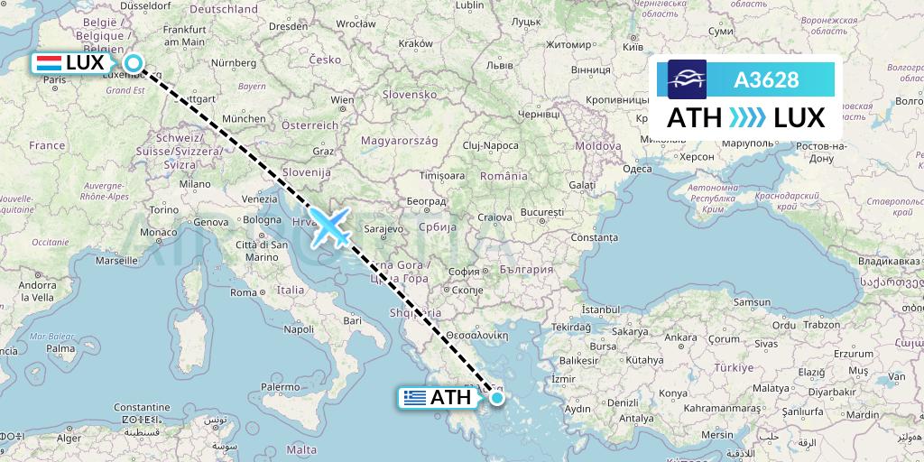 A3628 Aegean Airlines Flight Map: Athens to Luxembourg