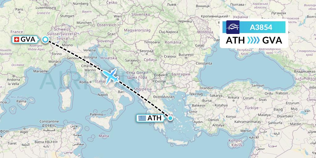A3854 Aegean Airlines Flight Map: Athens to Geneva